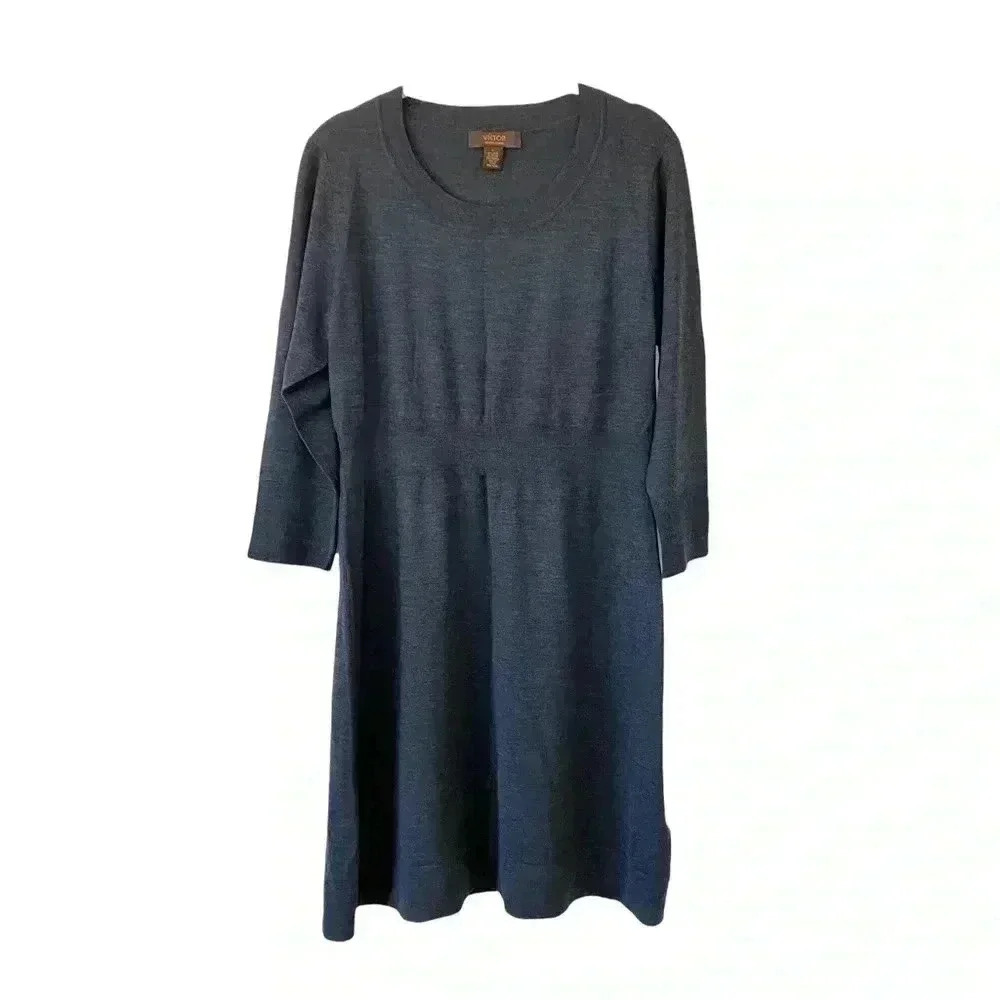 Victor Alfaro Grey Wool Sweater Dress Large 3/4 Sleeves Office Fitted Waist
